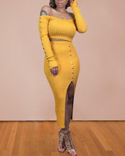 Load image into Gallery viewer, Solid Long Sleeve Skinny Knitted Split Hem Skirt Suit Sets