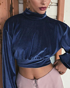 Solid Color Long Sleeve Cropped Blouse