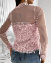 Load image into Gallery viewer, Fluffy Sheer Mesh Tie Front Long Sleeve Top
