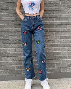 Butterfly Embroidery High Waist Jean Pants