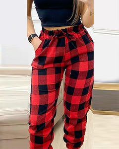 Checked Print Loose Drawstring Pants