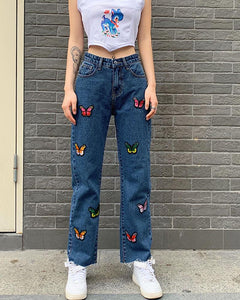 Butterfly Embroidery High Waist Jean Pants