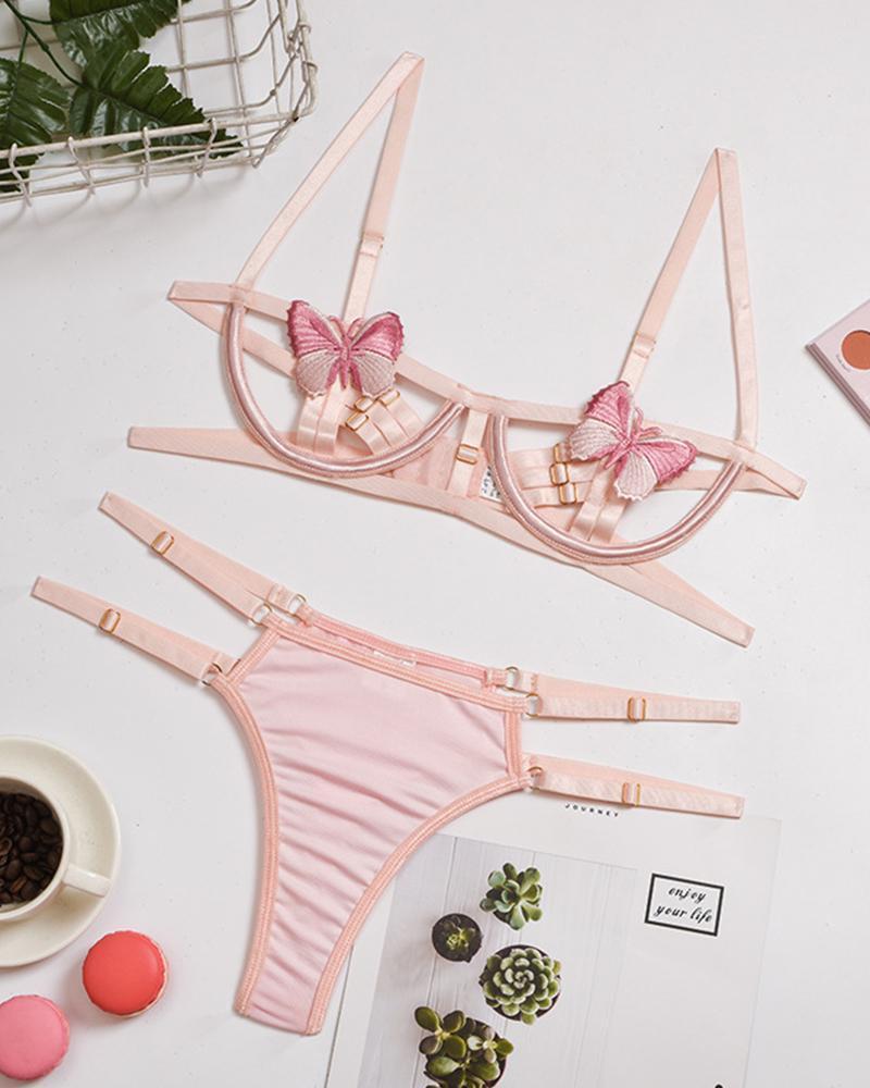 Solid Butterfly Decoration Skinny Strap Bra Sets