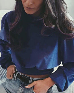 Solid Color Long Sleeve Cropped Blouse