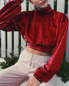 Solid Color Long Sleeve Cropped Blouse