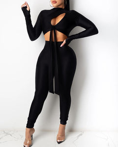 Solid Long Sleeve Skinny Cut-out Lace-up Suit Sets