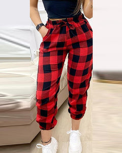 Checked Print Loose Drawstring Pants