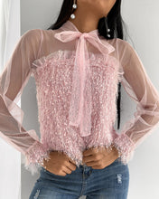 Load image into Gallery viewer, Fluffy Sheer Mesh Tie Front Long Sleeve Top
