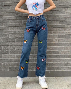 Butterfly Embroidery High Waist Jean Pants