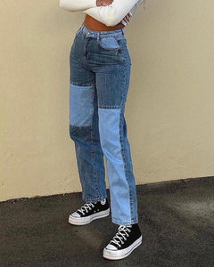 Hip-hop Color Block High Waist Jean Pants