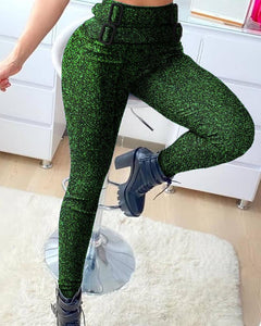 High Waist Glitter Buckled Skinny Pants