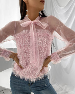 Fluffy Sheer Mesh Tie Front Long Sleeve Top